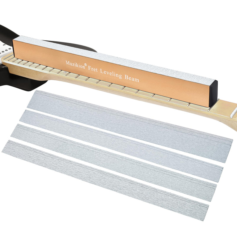 Guitar Fret Leveling Beam, 16 Inch Fret Leveler Sanding Beam, Professional Luthier Fretboard Leveling File Block Repair Tool with 3 Sets of 120/240/320/600 Grit Replacement Sandpaper Gold