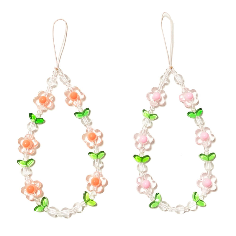 Flower Phone Charm Cute Phone Charms Strap Beaded Phone Keychain Pearl Phone Lanyard for Women Girls Style #1- Flower Orange&Pink