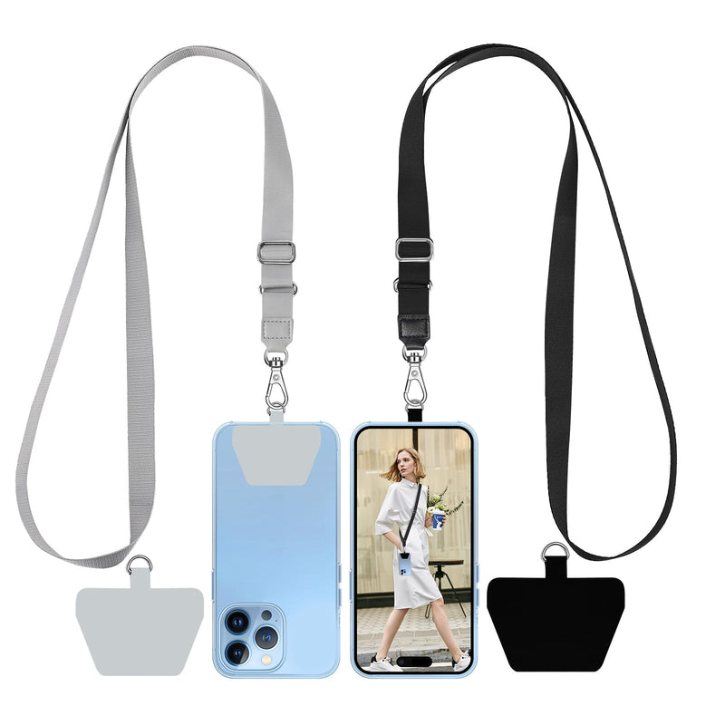 SHANSHUI Phone Lanyard, 2 Pack Phone Lanyard Strap 2X Durable Tether Tab Universal Nylon Phone Neck Phone Charm Crossbody Lanyard for Cell Phone Fit All Smartphones (Black, Grey) 2 Tabs X Black Gray