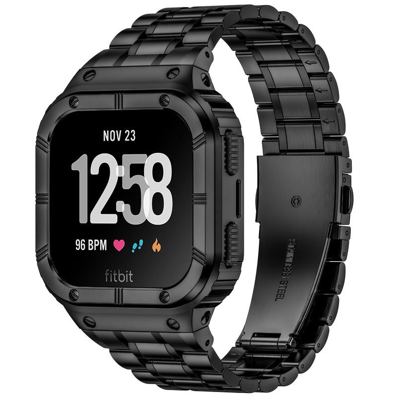 BAITEYOU Stainless Steel Watch Band with Case Compatible for Fitbit Versa/Fitbit Sense Bands, Rugged Protective Bumper Metal Wristbands for Men Women Black