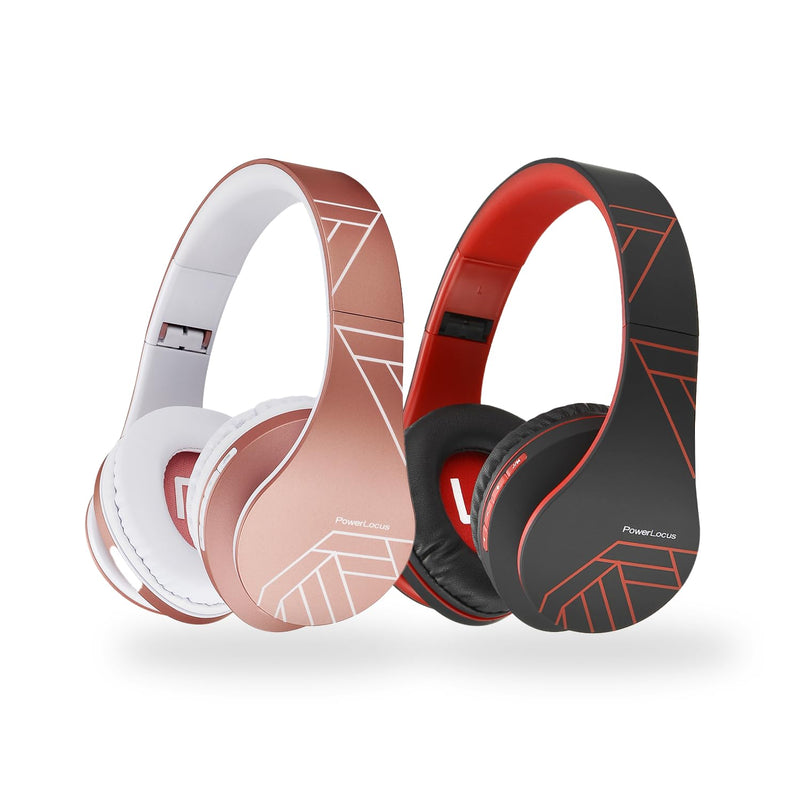 PowerLocus P2 Bundle - Wireless Headphones Over-Ear - 1pcs Rose Gold and 1pcs Black/Red