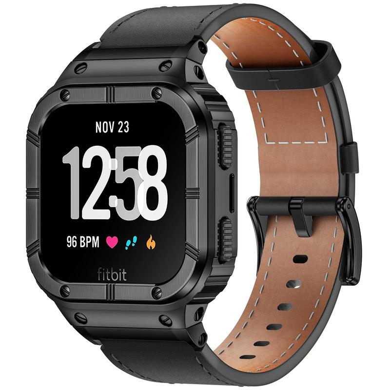 BAITEYOU Leather Bands with Stainless Steel Case Compatible with Fitbit Versa 1 2 3 4 Lite Sense 2 1 Protective case for men Black/Black Case