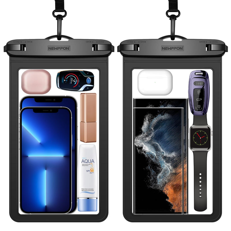 newppon Large Waterproof Phone Pouch : 2 Pack Underwater Clear Cellphone Holder - Universal Water-Resistant Dry Bag Case with Neck Lanyard for iPhone Samsung Galaxy for Beach Swimming Pool Black+Black
