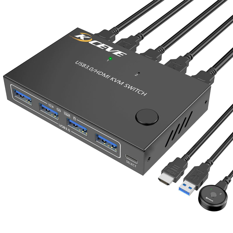 KVM Switch 2 Ports, HDMI USB 3.0 KVM Switcher Box with EDID-Emulator Function, Support 4K@60Hz Resolution for 2 Computers Share Mouse Keyboard and Monitor 2 IN 1 OUT USB 3.0 (With EDID)