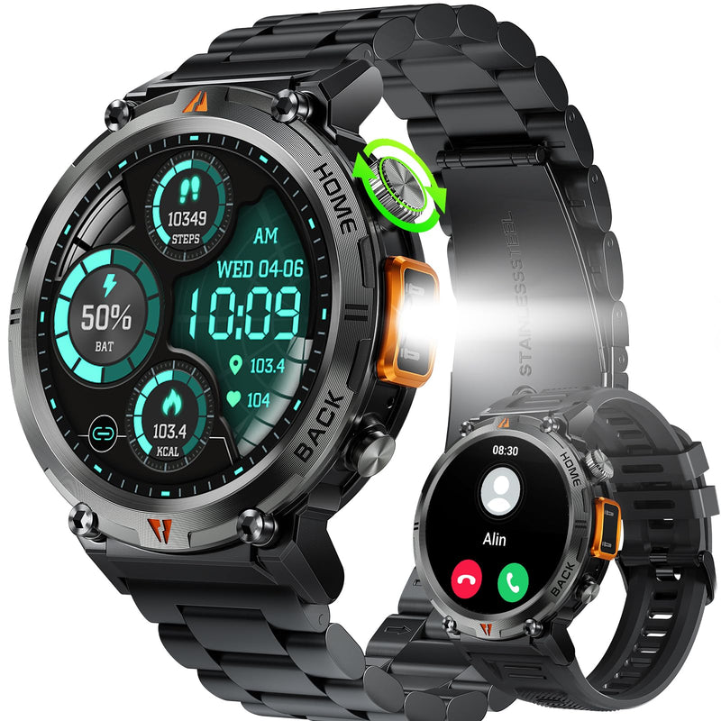 Military Smart Watch for Men with LED Flashlight 1.45" HD Bluetooth Calling | Rugged Tactical Smartwatch, Outdoor Sports Fitness Tracker Watch with Heart Rate Sleep Monitor for iPhone Android Phone Black + Extra Stainless Steel Band