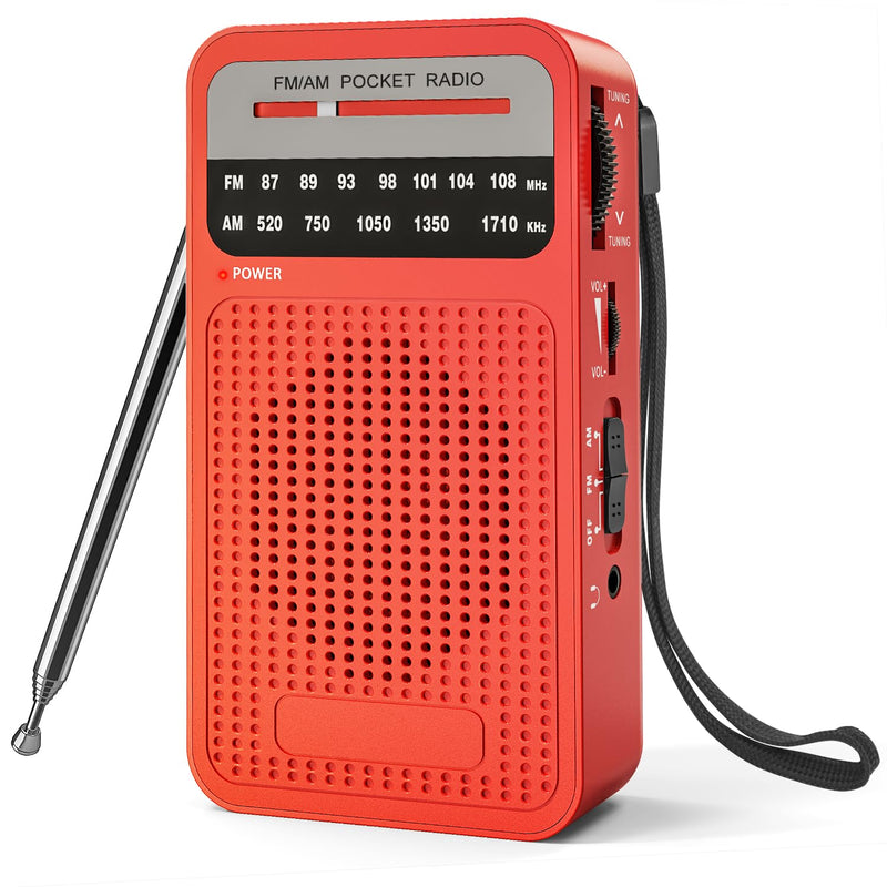 Portable Radio AM FM, Goodes Transistor Radio with Loud Speaker, Headphone Jack, 2AA Battery Operated Radio for Long Range Reception, Pocket Radio for Indoor, Outdoor and Emergency Use-Red New-Red