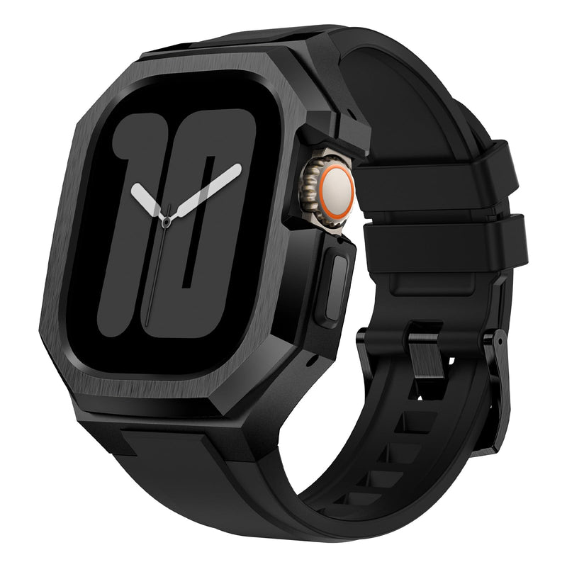 Luxury Metal Case with FKM Band for Apple Watch Ultra 3/2/1 49mm & 44-46mm | Stainless Steel Rugged Case,Soft Fluoroelastomer Strap,Classic Men Design for Business/Sports/Leisure,Skin-Friendly & Durable Black