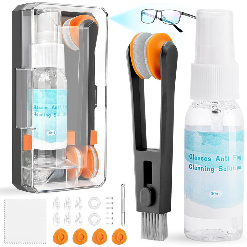 Glasses Cleaning Kit Eyeglass Cleaner, Anti Fog Lens Cleaner Spray with Microfiber Lens Cleaning Cloth, Eye Glass Repair Kit with Screws and Screwdriver, Nose Pads, Portable Glasses Cleaner Tool Light Black