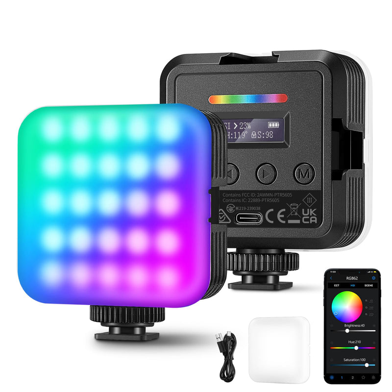 NEEWER RGB62 Magnetic RGB Video Light with Upgraded APP Control, 360° Full Color LED Camera Light with 3 Cold Shoes CRI97+ 2500K-8500K 17 Scenes 2000mAh Rechargeable Portable Photography Lighting camera light with app control