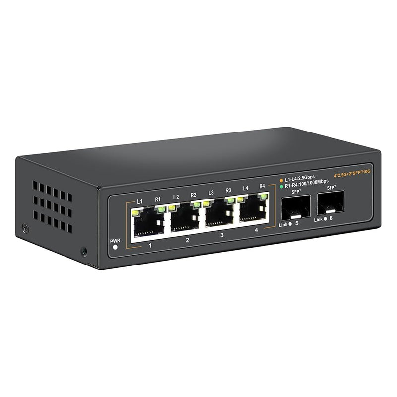 2.5G Unmanaged Ethernet Switch with 4 x 2.5G Base-T Ports and 2 x 10G SFP+ Uplink Ports, Compatible with 100/1000/2500Mbps, Fanlesss Design, Plug & Play, Metal 2.5Gb Network Switch 2.5G/6Ports