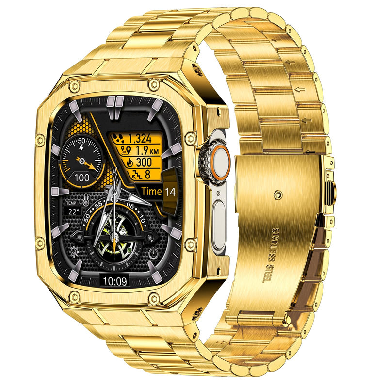 Stainless Steel Watch Band with Case Compatible with Apple Watch Ultra 49mm | BAITEYOU Rugged Metal Strap with Cover for iWatch, Ultra 3/2/1 49mm, Luxury Protective Bracelet for Men. Gold 49mm (Ultra 3 2 1）