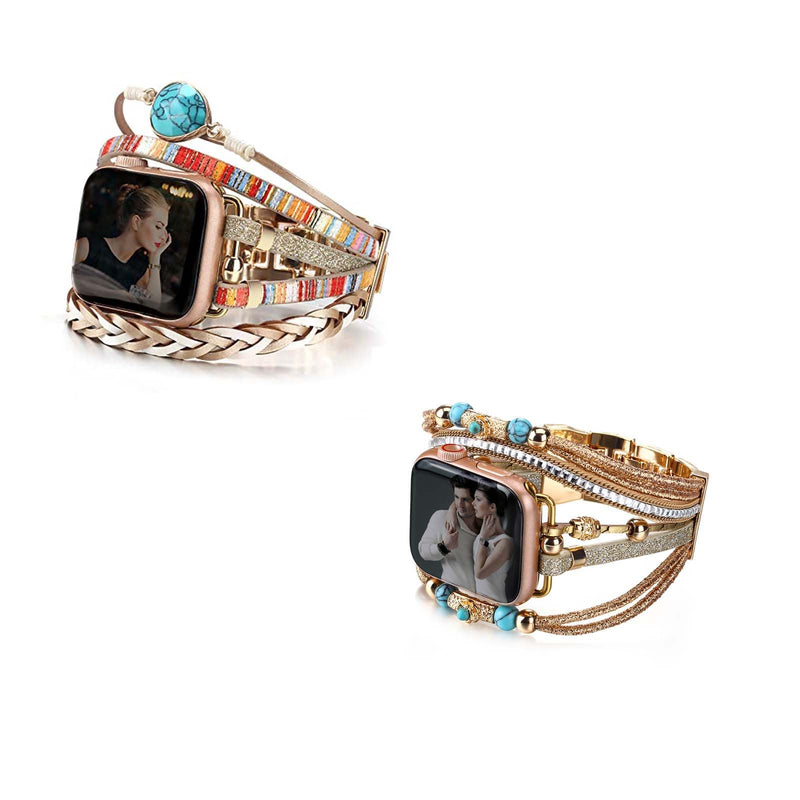 Boho Leather Wrap Bands Compatible with Apple Watch Band Bracelet for Women Men 38mm/40mm/41mm, Multilayer Apple Watch Strap for Iwatch Band Series 8/7/6/5/4/3/2/1/SE Ultra, Gold
