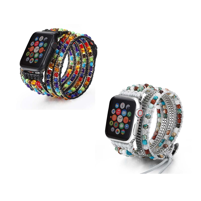 Boho 5 Wraps Bracelet Compatible with Beaded Apple Watch Band for Women Men 38mm/40mm/41mm, 7 Chakra Apple Watch Strap for Iwatch Band Series 8/7/6/5/4/3/2/1/SE Ultra