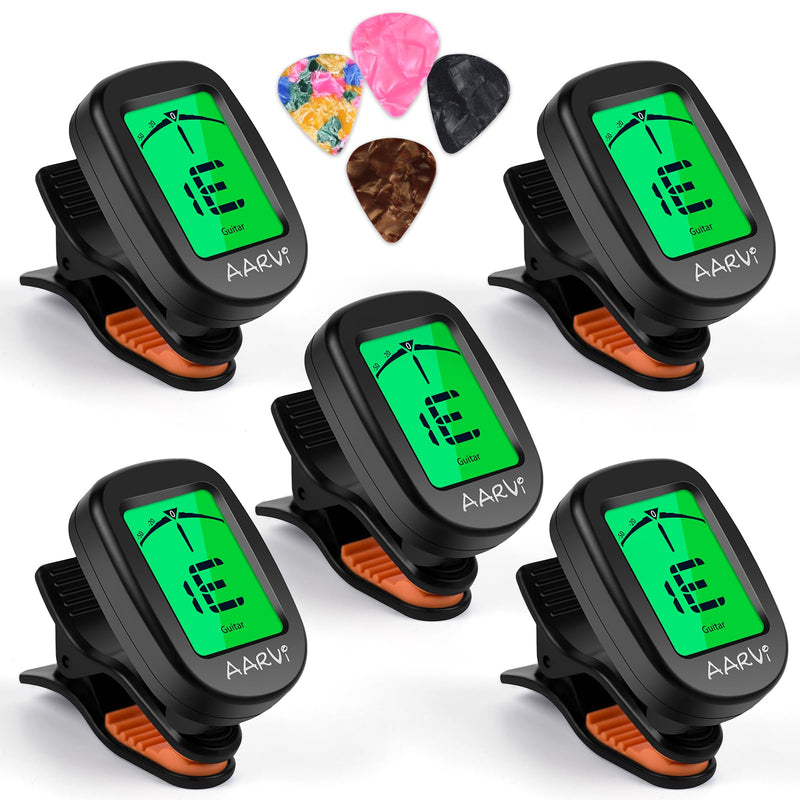 [AUSTRALIA] - Clip On Guitar Tuner 5 Pack for All Instruments, Acoustic/Electric Guitar, Ukulele, Bass, Violin, Banjo, Large Clear LCD Display for Guitar Tuner, Chromatic Tuner, 20 Pack Guitar Picks Included A-tuner Black-5-Pack 