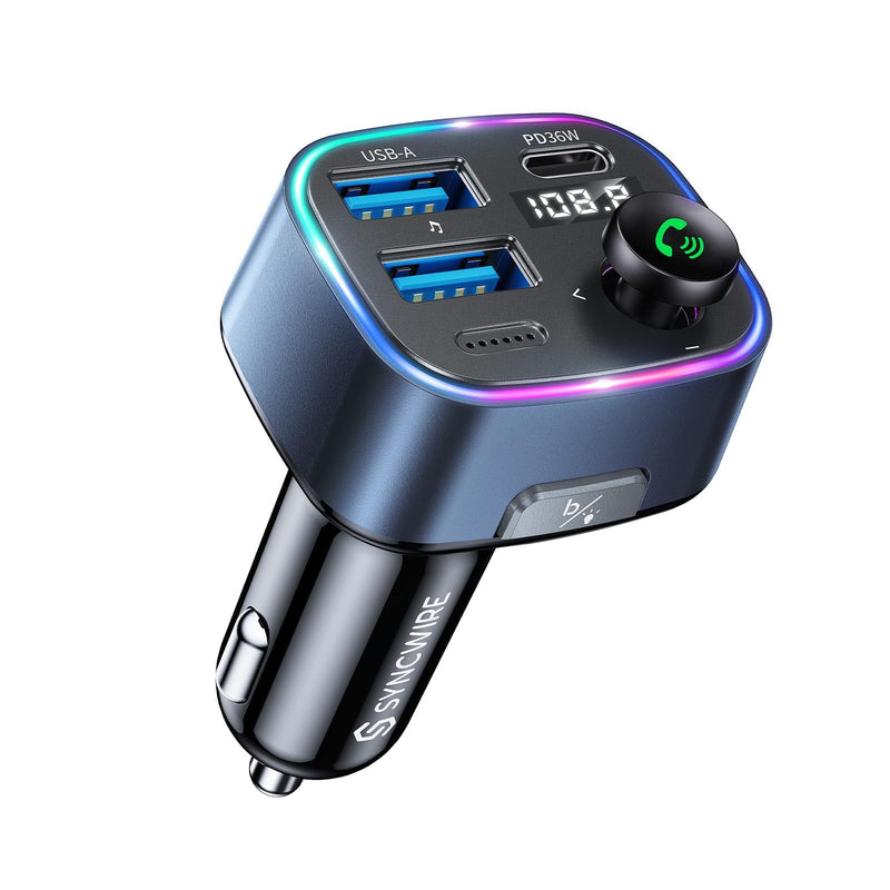 [AUSTRALIA] - Syncwire Bluetooth 5.3 FM Transmitter Car Adapter 48W(PD 36W & 12W) [Light Switch] [Hi-Fi Deep Bass] [Fast Charging] Wireless Radio Music Adapter LED Display Hands-Free Calling Support USB Drive Dark Blue 