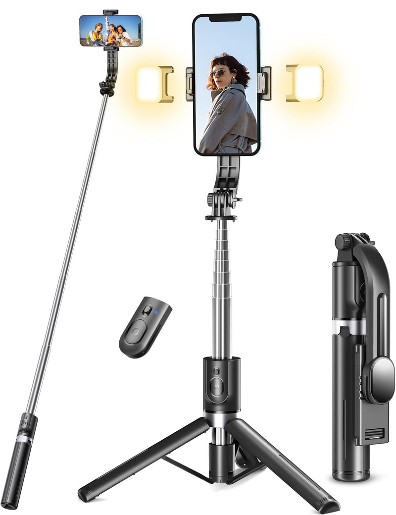 Selfie Stick Tripod with Light, 45'' Selfie Stick with Wireless Remote, Portable Phone Tripod Compatible with iPhone 15 Pro Max/15/14 Pro/14/13, Samsung S22/ S23 Ultra/Android Smartphone Black