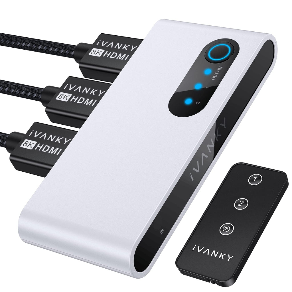 8K HDMI 2.1 Switch iVANKY Bi-Directional HDMI Switch with Remote 4K@120Hz 8K@60Hz HDMI Switcher Splitter 2 in 1 out, 1 in 2 out (1 Display at a Time) 48Gbps for PS5/PS4, Xbox, Roku,Apple TV,Fire Stick White