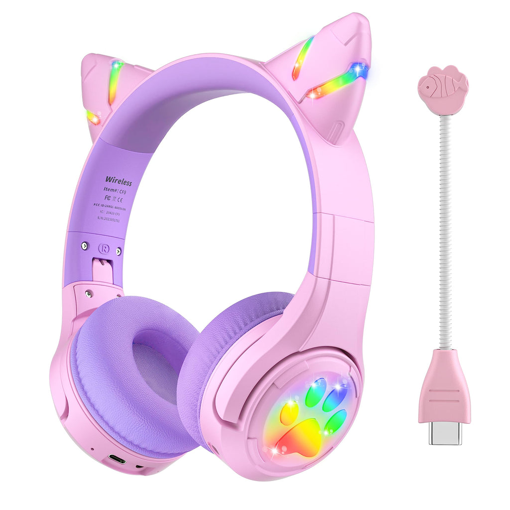 Riwbox CF9 Cat Ear Kids Bluetooth Headphones with LED Light Up,Safe 85dB Volume Limit,Built-in Mic&Boom Mic for Calls,Kids Wireless&Wired Headphones for Girls/Toddler/Online Learning/School (Purple) Pink Purple