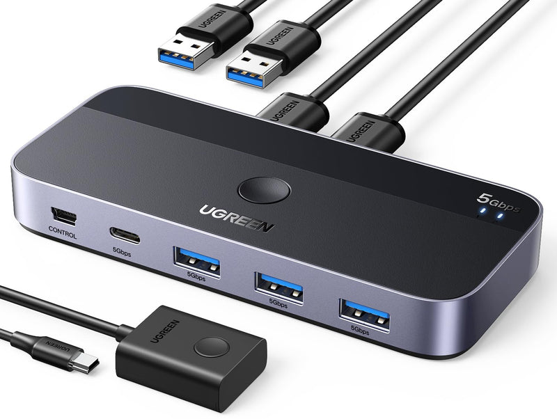 UGREEN USB 3.0 Switch 2 Computers Sharing USB C & A Devices, 4 Port USB Switcher Sharing Keyboard and Mouse, Printer/Scanner USB Switch Hub for Two Computers with 2 USB3.0 Cables and Controller Black