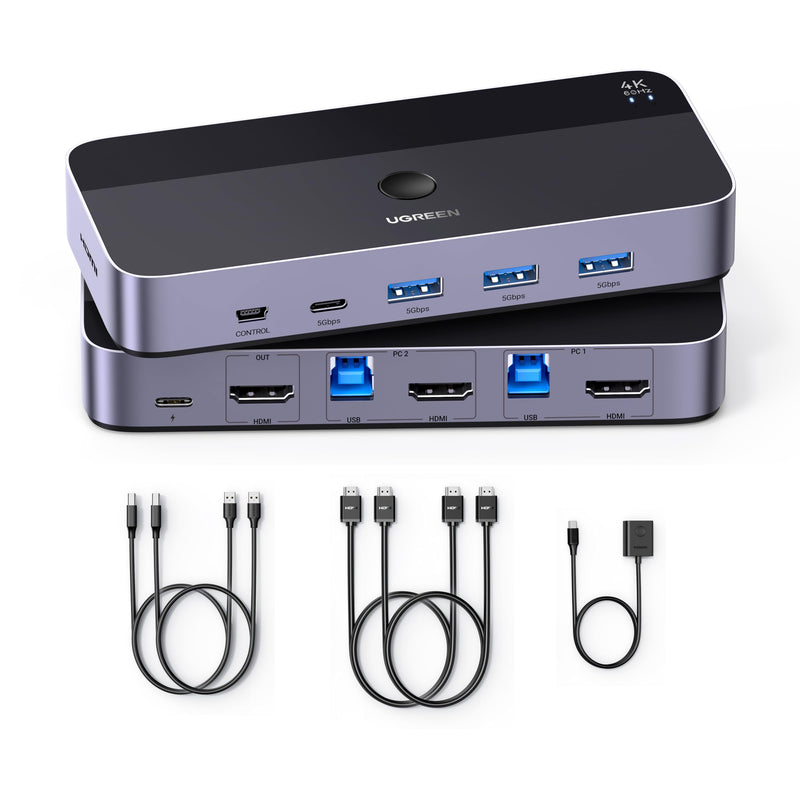 UGREEN HDMI KVM Switch 1 Monitor 2 Computers, Aluminum, 4K@60Hz, 4 USB 3.0 | for 2 PCs, KVM Switches Shares 1 Monitor, Keyboard, Mouse, Webcam, HDCP 2.2, HDR, 3D, with 2 HDMI & 2 USB Cables, Controller