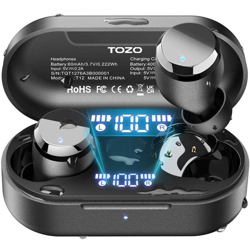TOZO T12 Wireless Earbuds Bluetooth 5.3 Headphones Built-in ENC Noise Cancelling Mic, 55 Hrs Playtime App Customize EQ IPX8 Waterproof LED Digital Display Premium Sound Headset Black Compact Ergonomic Edition