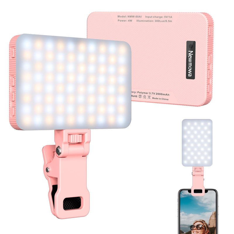 Newmowa Pink Rechargeable Selfie Light, Portable Clip on Video Light for Phone/Laptop/Camera with Smart Light Sensor, 3 Light Modes, with 2000mAh Battery for Selfie/Makeup/Video Conference/TikTok