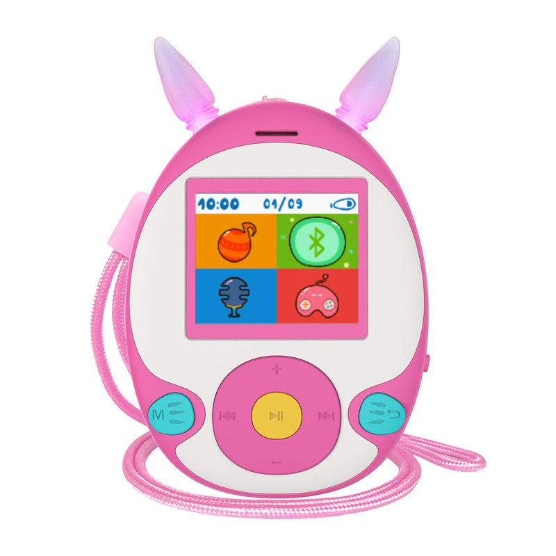 [AUSTRALIA] - 64GB MP3 Player for Kids, Kids MP3 Player with Bluetooth, Front Speaker, Games, Recorder, Ear Lights, Alarm, Music Player Expandable Up to 128GB(Earbud, Aux Cable, Lanyard Included) Pink 