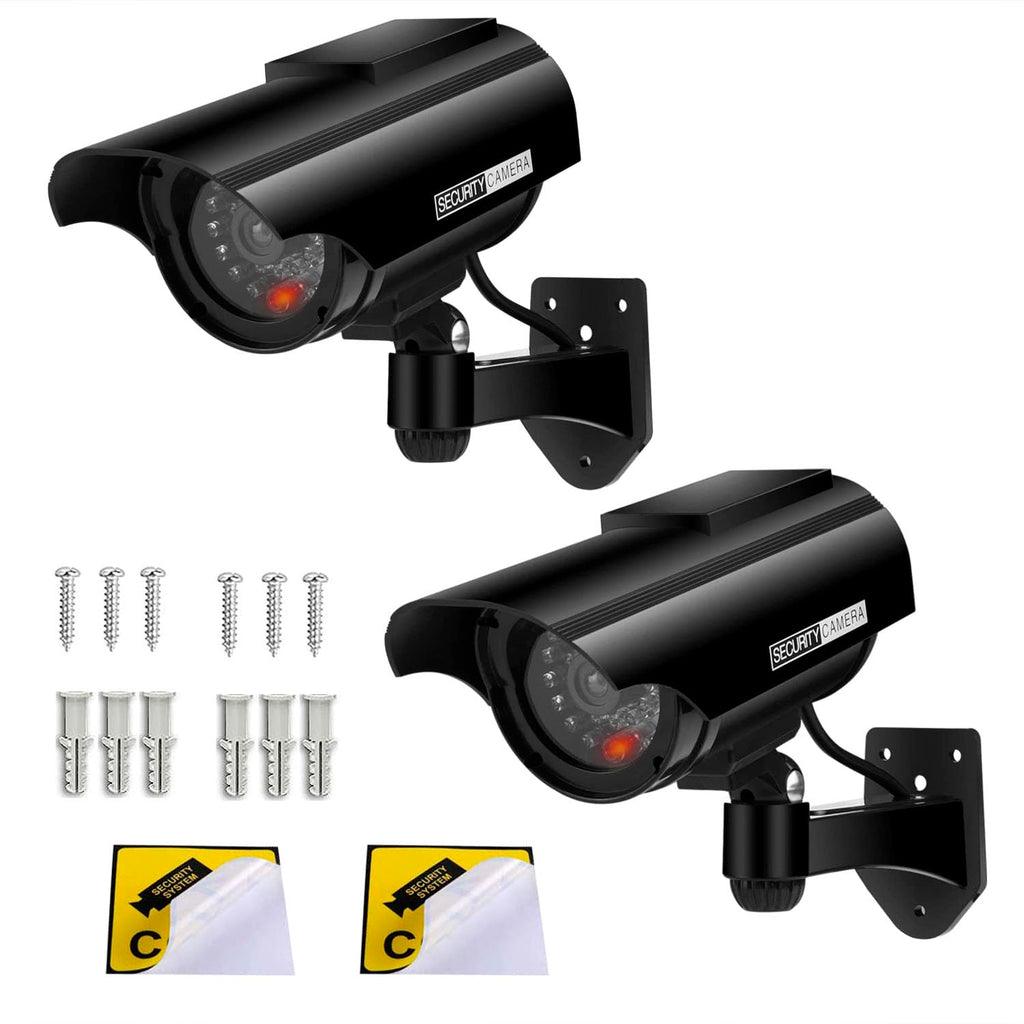 Solar Powered Fake Security Camera, Bullet Dummy Simulated Surveillance Security Cameras with Realistic Red LED Flashing Light for Home & Business Use Black,2 Pack