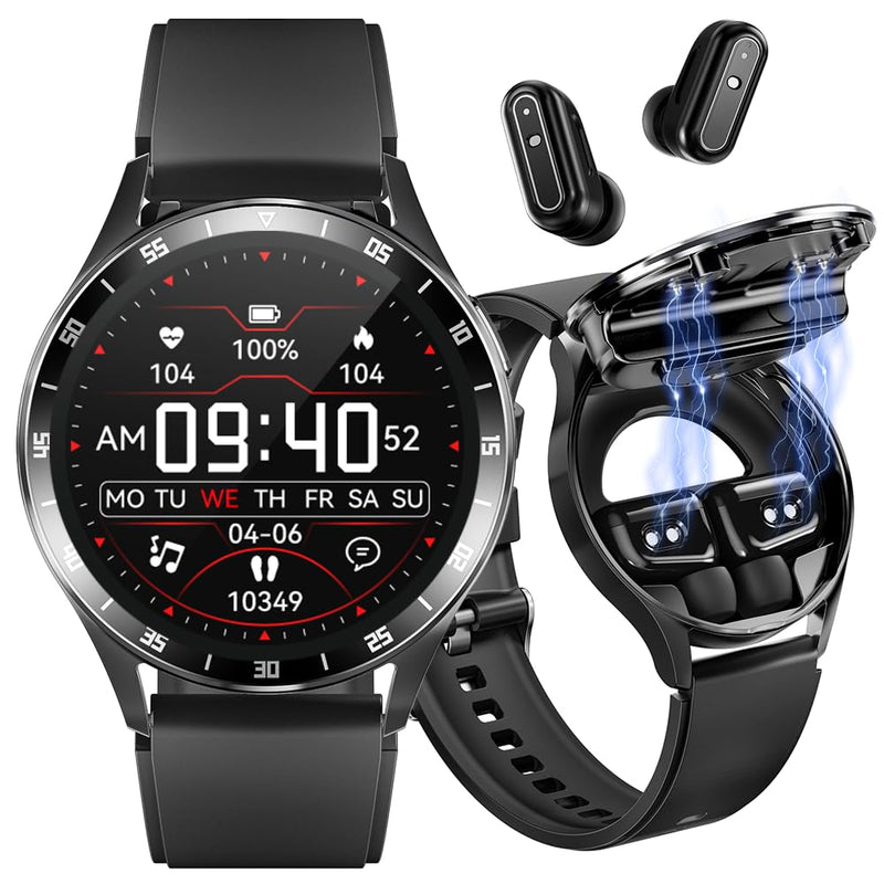 Smart Watch with Earbuds, 1.32 Inch Round Fitness Watch X10, 2 in 1 Bluetooth Watch with Step,Calories,Sleep Monitor,Heart Rate Blood Pressu-re Monitor for iOS & Android black