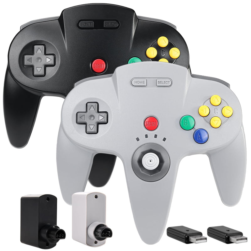 [AUSTRALIA] - 2.4 GHz Wireless N64 Switch Online Controller, USB Receiver & N64 Receiver, Compatible with Windows PC iOS Mac Raspberry Pi, N64 / Switch Online/NSO - (Rechargeable) (Plug and Play) (2 Pack) Black/Gray 