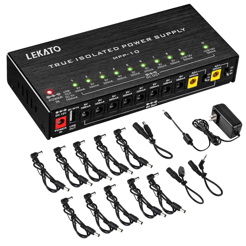 LEKATO Guitar Pedal Power Supply, True Isolated Pedal Power Supply with 10 Ports, USB Port, Short Circuit Protection, Guitar Pedal Power DC Output 9V 12V 18V for Effect Pedal