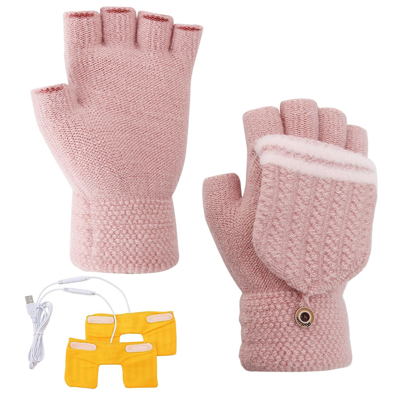 Mens Womens USB Heated Gloves Mitten USB Hands Warmer Laptop Gloves Full& Half Fingerless Winter Warm Heating Gloves Women Pink - 3
