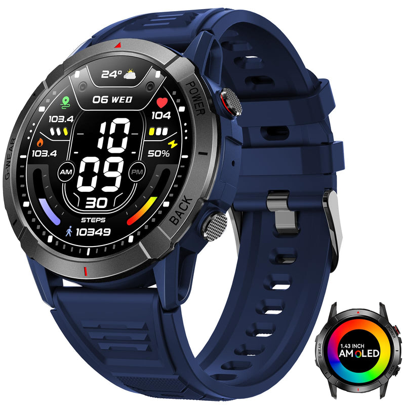 Military Smart Watch for Men Make/Answer Calls 1.43" AMOLED Display | Rugged Outdoor Tactical Smartwatch with 110+ Sports Modes, Heart Rate & Sleep Monitor Sports Fitness Watch for Android iOS Blue