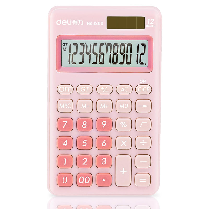 deli Standard Function Basic Calculator, 12 Digit Desktop Calculator with Large LCD Display, Solar Battery Dual Power Office Calculator, Pink Small Pink