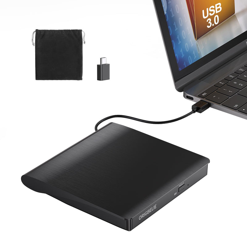 ORIGBELIE External CD/DVD Drive for Laptop, USB 3.0 CD ROM DVD +/-RW Burner | Portable External DVD Optical Disk Drive Player Reader Writer for Desktop PC Macbook iMac Mac Windows 11/10/8/7/XP Linux OS 5.6" x 5.8" x 0.7"