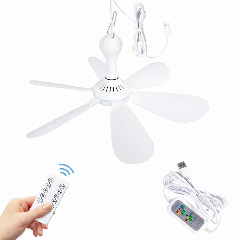 Xindejia USB Powered Small Ceiling Fan 6 Blades Quiet DC 5V USB Hanging Fans for Indoor Outdoor RV Bed Room Dorm Desk Travel Camping Tent Cubicle Mini Portable Canopy Fans - White Remote Control