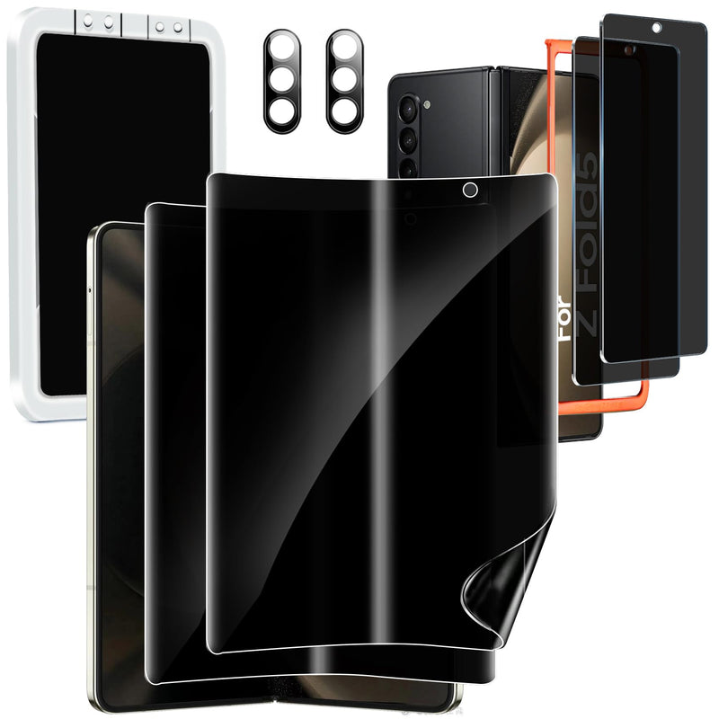 [6-in-1] Milomdoi for Samsung Galaxy Z Fold 5 Privacy Screen Protector [2 Pack Inside and 2 Pack Front] With 2 Pack Tempered Glass Camera Lens Protector with Mounting Positioner Accessories No bubbles transparent Z Fold 5 7.6 Inch