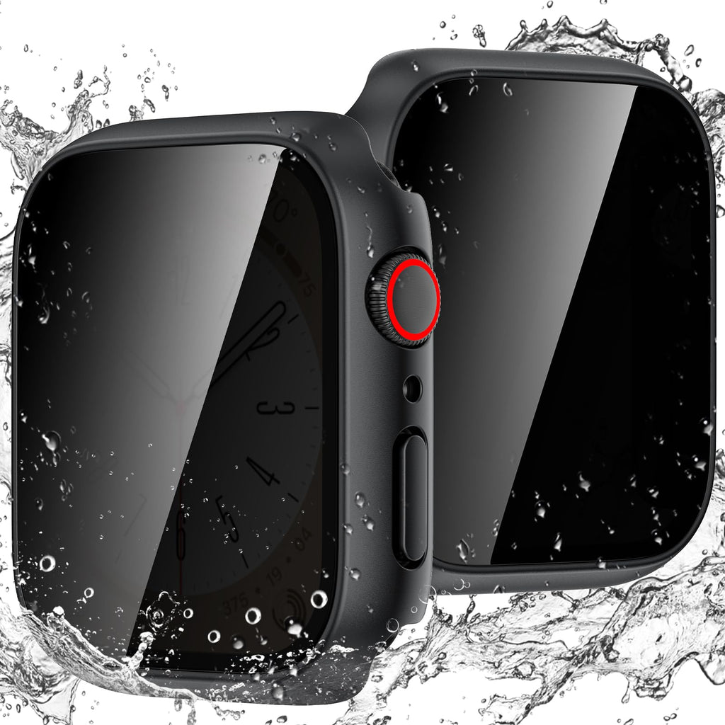 [2 Pack] Goton Waterproof Privacy Case for Apple Watch Series 9 8 7 45mm, Hard PC Bumper with HD [True 28°Anti Spy] Private Tempered Glass Screen Protector for iWatch Cover Accessories Women Men 2 Pack: Black+Black