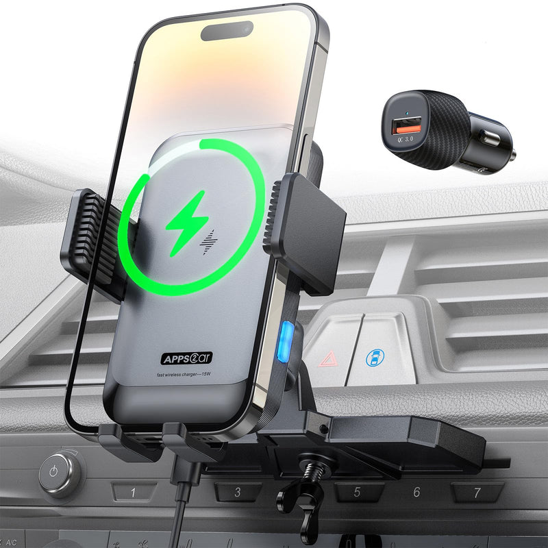 APPS2Car Wireless Car Charger Mount CD Slot Auto Clamping 15W Fast Charging | Sturdy Car Phone Holder Mount Charger for iPhone 17 16 15 14 13 12 Pro Max Plus, Samsung S25 S24 S23, Google, LG etc.