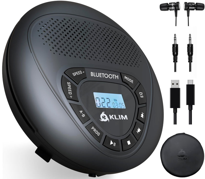 KLIM Speaker + Bluetooth CD Player with Speakers + NEW 2024 + Discman + Rechargeable Battery + Portable CD Player with Headphones + CD Player Portable + SD Card + AUX + Ideal for Car, Home With Bluetooth