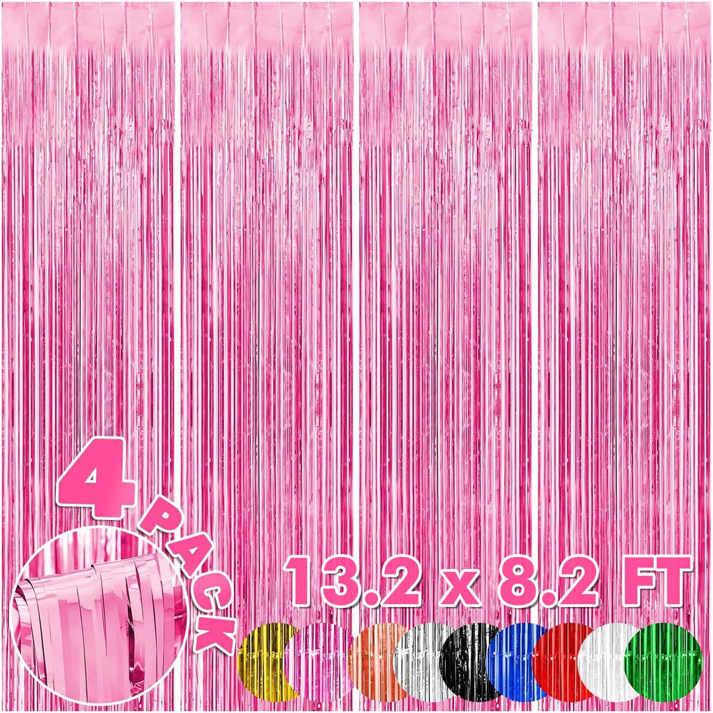 4 Pack 3.3 x 8.2ft Backdrop for Party Decorations, Foil Fringe Backdrop Curtains, Tinsel Streamers for Birthday Party Decorations, Pink Backdrop Curtain for Girl Unicorn Mermaid Disco Princess Parties