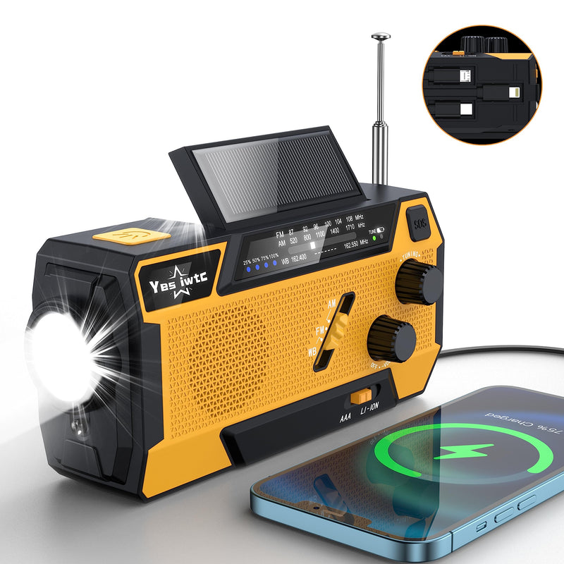 Yestiwc 7400mWh Emergency Crank Radio, Hand Crank Solar Radio, Battery Radio Emergency with NOAA/AM/FM, Power Bank, Hand Crank/SOS Alert&Flashlight Reading Lamp for Emergency Camping Storm Survival Orange