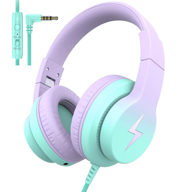 Kids Headphones, Wired Headphones for Kids Over Ear with Microphone, 85/94dB Volume Limiter Headphones for Girls Boys with Sharing Jack, Foldable Headphones for Online Study,Gradient Purple Light Purple