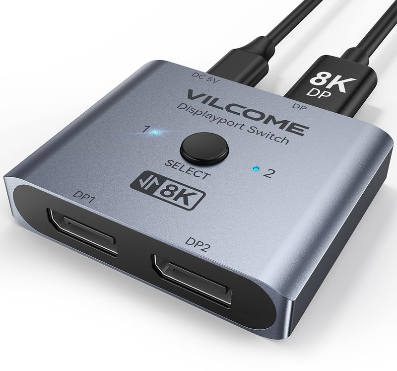 Vilcome DisplayPort Switch 8K Splitter, Plug & Play, One-Button Switching, Bidirectional Display Port Switcher Box 2 in 1 Out/ 1 in 2 Out, 8K@60Hz, 4K@120Hz, 1080P@240Hz for PC Monitor Laptop (Gray) Gray