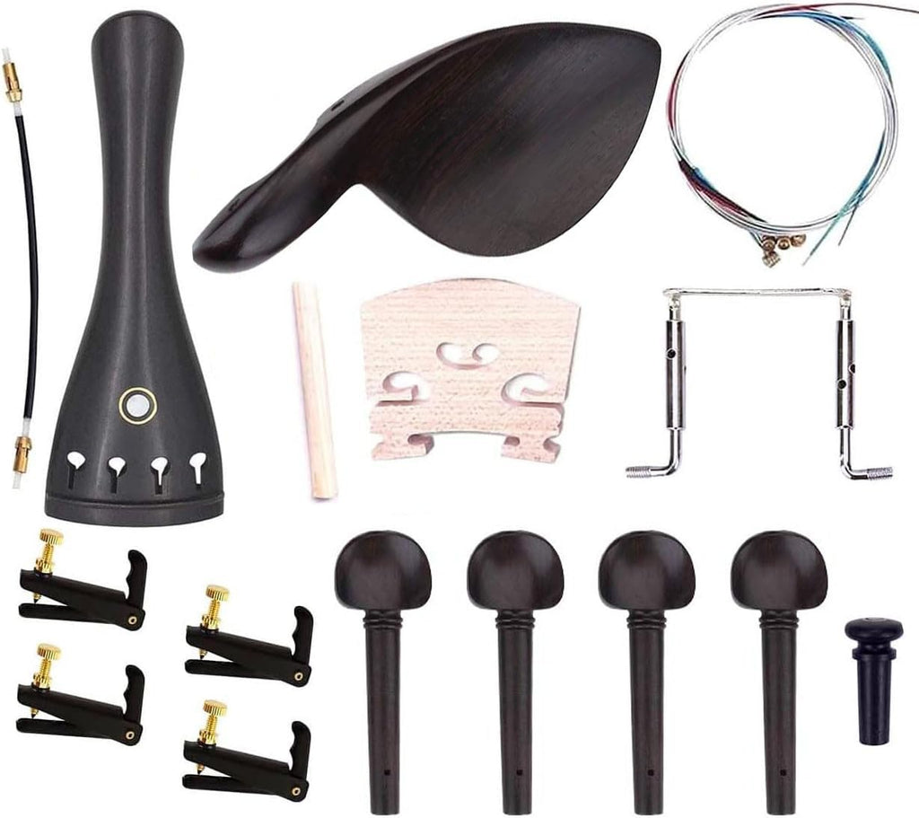 Violin Parts & Accessories Kit with Violin Ebony Chin Rest, Tailpiece, Tuning Pegs, Endpin,Tunners, Tailgut, String and Maple Bridge for 4/3 4/4 Violin Replacement Part 16pcs