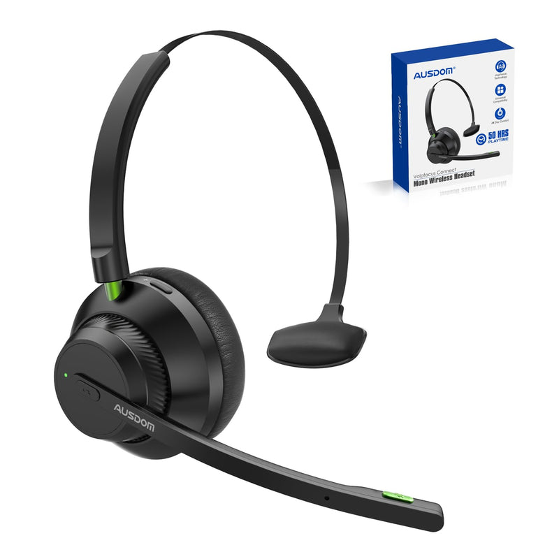 AUSDOM Trucker Bluetooth Headset with Microphone: A2301 Wireless 5.2 On-Ear Headset with AI Noise Cancelling Mic & Mute Button, 50H Playtime for Work from Home Office Call Center Cellphones Laptop Black & Green