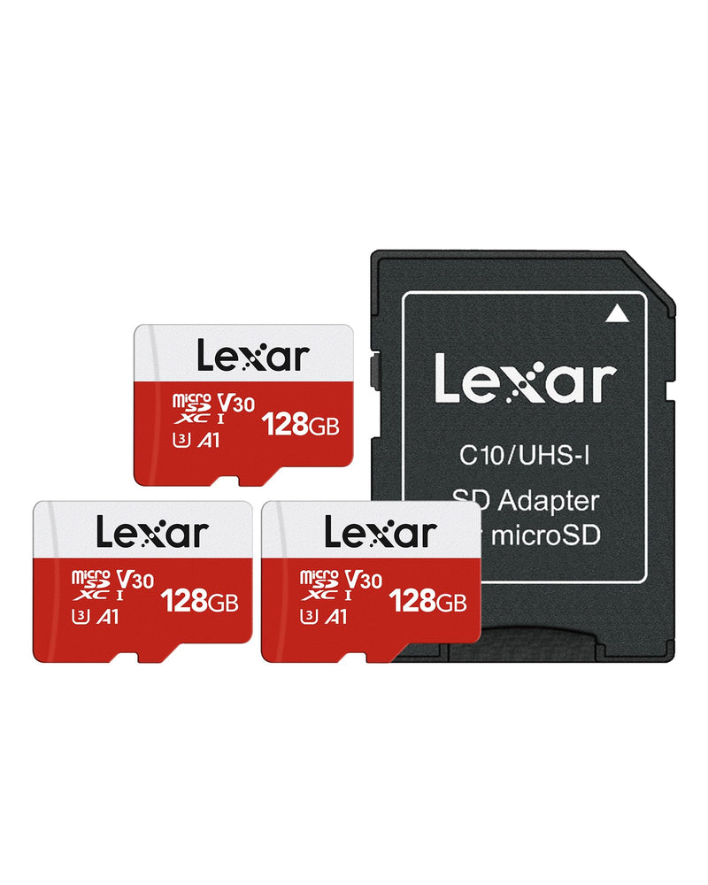 Lexar E-Series 128GB Micro SD Card 3 Pack, microSDXC UHS-I Flash Memory Card with Adapter, 100MB/s, C10, U3, A1, V30, Full HD, 4K UHD, High Speed TF Card 128GB x3