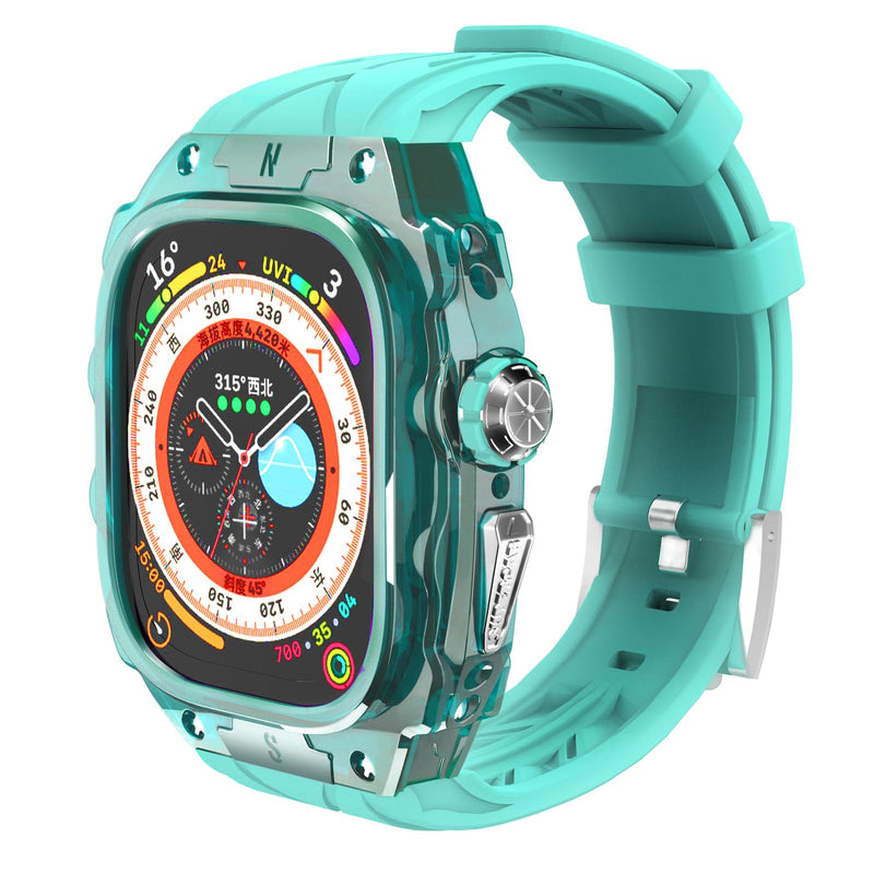 Luxury Translucent Smartwatch Case for Apple Watch Ultra 1/2 49mm, Fully Wrapped Lightweight Rugged case with Silicon Strap, Stainless Steel Buttons, Protective Cover for Men/Women (Mint Blue) Mint Blue