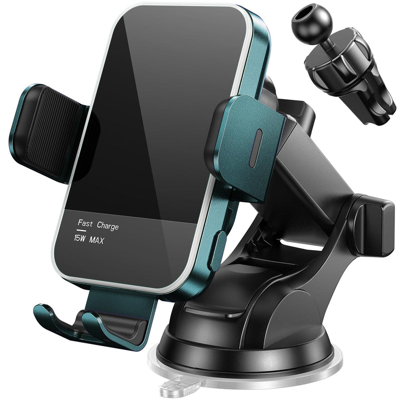 Wireless Car Charger,【7 Colored LED Backlit】 15W Auto Clamping Phone Mount Holder fit for iPhone 15 14 13 12 Mini Pro Max 11 XR XS X, Samsung Galaxy S23 Ultra S22 S21+ S10+ Note 20, etc - Green