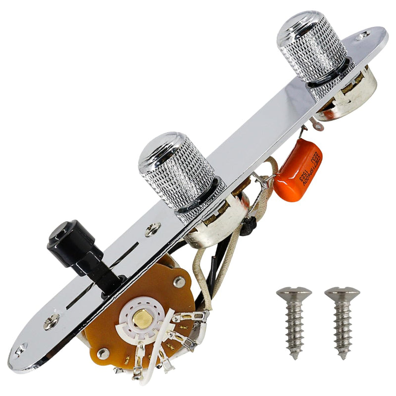 Fully Loaded Guitar Control Plate Prewired 3-Way Switch 250K Large Potentiometers Knurled Volume Tone Controls Knobs for Tele/Telecaster Electric Guitar Parts Replacement (Chrome) Chrome